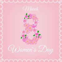 kvinnodagen 8 mars julkort med nummer åtta med spetsiga dekorativa blommor på rosa bakgrund mall för online sociala medier och mode reklam affisch flyer vykort rubrik för webbplats vektor