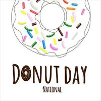 National Donut Day-text i tecknad stil med flerfärgad bakverkstoppning på munk i linjekonst isolerad på vit bakgrund vektor