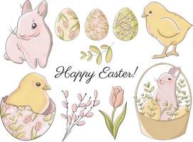 söt påsk clipart set med kycklingar, kanin, ägg och blommor vektor
