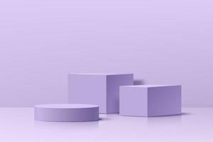 realistisches violettes 3d-würfel- und zylindersockelpodium in pastellfarbenem abstraktem raum. minimale szene für produktbühnenschaufenster, werbedisplay. vektorgeometrisches Plattformdesign. Vektor-Illustration vektor