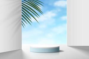 realistisches weißes und blaues 3d-zylinderpodest mit wolkenblauem himmel und palmblatt. Vektor abstrakte geometrische Plattform des Studioraums. minimale szene für produktbühnenschaufenster, werbedisplay.