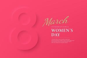 3D-symbol för 8 mars på vacker ljusrosa bakgrund. glad internationella kvinnodagen firande koncept. pappers gratulationskort med nummer och datum. vektor illustration eps10