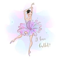 Ballerina in einem rosa Ballettröckchen. Ich liebe Ballett. Inschrift.