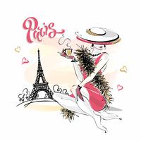 Das Mädchen im Hut trinkt Kaffee. Fotomodell in Paris. Eiffelturm. Romantische Komposition. Elegantes Modell im Urlaub. Vektor