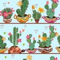 Sömlöst mönster. Tecknade kaktusar i krukor finns på hyllorna. Vektor. vektor