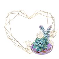 Goldrahmen in Form eines Herzens mit einem Bouquet von Sukkulenten. vektor