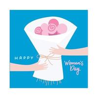 grußkarte mit menschlichen weiblichen händen, die großen strauß halten, strauß abstrakter rosenblumen. Happy Women's Day Text Lettering. Vektorillustration, Valentinstag, 8. März Postkartendesign für Banner, Poster vektor