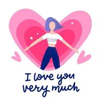 mädchen, das sich in schrifttexte verliebt fühlt - ich liebe dich sehr - mit herz im hintergrund. niedlicher vektor, cartoon, valentinstag dekorationskarte, banner, website. vektor