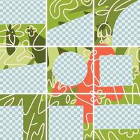 sömlös mall för socialt nätverksmeddelande, pusselpost. trendiga redigerbara vektor abstrakta bakgrunder med tropiska blommiga element illustration i gröna och röda färger. minimalistisk doodle design.