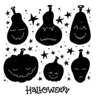 Kürbislaternen-Grußkarte mit Schriftzug. Halloween-Kürbis schwarze Grunge-Silhouette mit geschnittenem Gesicht Lächeln. Allerheiligen-Vorabend-Symbol. hand gezeichnete gekritzelclipart für feiertagskartenplakateinladung. vektor