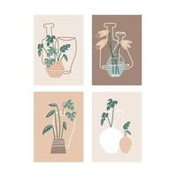 Set aus 4 kreativen, minimalistischen Postern für Wohnkultur, Grußkartendesigns. abstrakte Pastellvektorillustrationen mit handgezeichneten Pastellelementen, Pflanzen, Vasen, Linien, geometrischen Formen. vektor