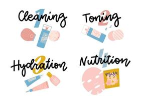 Icon-Set für Hautpflege-Infografik. vier schritte gesichtspflege. handgezeichnete buchstabenwörter - reinigung, tonisierung, hydratation, ernährung. Vektorflache Hygieneprodukte. Konzept gesunder Lebensstil vektor