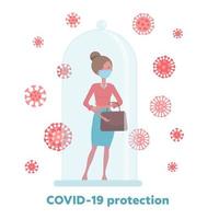 covid-19 quarantäne, einschränkung, fernhalten oder schutzkonzept, 2019-ncov-coronavirus-erreger bewegen sich und können mit frau im schutzschlauch nicht in den gesperrten quarantänebereich gelangen. flacher Vektor