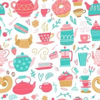 nahtloses muster mit handgezeichneten teezeitsymbolen auf weißem hintergrund. karikaturfarbe tee und süßigkeiten kulisse umfassen tasse, teekanne, kuchen, cupcake, süßigkeiten und dessert. flache vektorillustration vektor