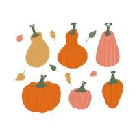 Set aus Herbstlaub und gelben, roten und orangefarbenen Kürbissen auf weißem Hintergrund. im gemütlichen Hygge-Stil. warme Herbststimmung. niedliche flache karikaturvektorillustration. Herbststimmung, Wohndesign, Halloween. vektor