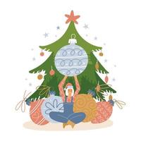 kleiner frauencharakter, der weihnachtsbaum mit einem großen weihnachtsbaumspielzeug schmückt. sitzendes Mädchen, das eine riesige Glaskugel über ihrem Kopf hält. flache handgezeichnete Vektorillustration. vektor