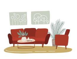 skandinavisches interieur des retro-wohnzimmers. gemütliche wohnung im trendigen skandinavischen hygge-stil eingerichtet - rotes sofa, sessel, wandbilder, grüne zimmerpflanzen ... flache handgezeichnete Vektorillustration. vektor