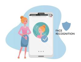 ansikte id koncept. kvinna med mobiltelefon, kvinnligt ansikte på stor smartphone-skärm. personlighetsigenkänning i mobilapp, modern mobiltelefon med säkerhetssystem. platt tecknad vektorillustration vektor