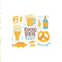 beschriftung cisolated komposition für oktoberfest bayerisches fest. banner mit handgezeichnetem wort und gläsern bier, brezeln, fisch und fahnen vektor