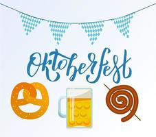 oktoberfest handskrivna borste bokstäver. pub mat uppsättning vektor platt illustration med bayerska krans triangulära taggar. öl, mugg, mellanmål, kringla, korv. matset för pubdesign, ölrestaurang