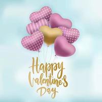 Haufen verzierter rosa und goldener Luftballons, die in den Himmel fliegen. glücklicher valentinstag grußkarte mit handbeschriftung qoute - glücklicher valentinstag. vektor realistische illustration.