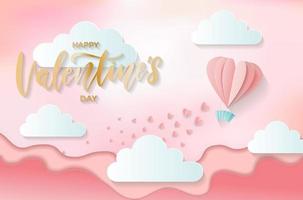 Papiergeschnittener herzförmiger Heißluftballon, der über die Hügel fliegt und kleine Herzen verstreut. origami digitaler handwerksstil. illustration der liebe und des valentinstags mit goldenen beschriftungsgrüßen vektor
