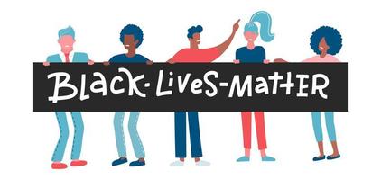amerikanska svarta kvinnor och män demonstranter karaktärer. rättvisa för människor. mot rasdiskriminering inom polisen. svarta liv betyder bokstavsbanderoll. vektor platt tecknad färgglad illustration.