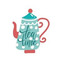 Teekannensilhouette mit Zitat - Teezeit. Vektor-Illustration. Typografie-Poster-Design mit einzigartigem Schriftzug. elemente für banner, flyer, postkartendesign für teeparty, wohnkultur, einladung. vektor