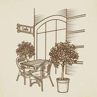 straßencafé in der grafischen illustration der alten stadt. handgezeichnetes Café im Freien - Tisch, zwei Stühle und Pflanze. skizze für menüdesign, skizzenrestaurant, außenarchitektur, papierweinlesevektorillustration vektor