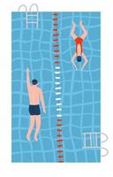 menschen in badeanzügen, die in den pools schwimmen. schwimmbad draufsicht flache vektorillustration. männliche und weibliche Athleten treiben Sport. vektor