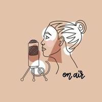 Podcasting-Konzept. junge frau, die eine show in einem studio aufnimmt. Die süße Moderatorin macht einen neuen Inhalt für ihren Social-Media-Blog auf Sendung. Vektor trendige lineare abstrakte Illustration im pastellfarbenen Retro-Stil..