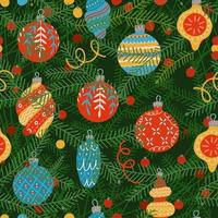 sömlösa mönster av julgransgrenar med festliga glaskulor. närbild. platt vektorillustration. vektor