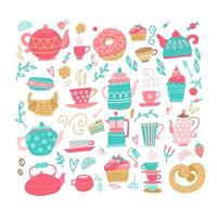 älskar teservis med tedrickande element - tekopp, sötsaker, godis, tårta, tesked, tekanna, tepåse. vektor handritad färg platt illustration gjord i tecknad stil.