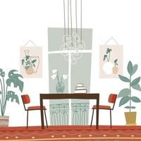 Modernes, elegantes Esszimmer mit Tisch und Stühlen, Gemälden, französischem Fenster und großen Zimmerpflanzen. vektor-illustration flacher boho-stil. vektor