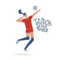 flicka volleyboll spelare hoppar till spike en inkommande serve. idrottskvinna som spelar volleyboll inomhus. idrottsmästerskapstävling. platt handritad illustration. vektor