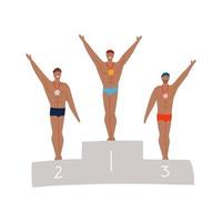 männlicher Schwimmer auf dem Podium. Hübsche Athleten bei der Siegerehrung. flache handgezeichnete Vektorillustration. vektor