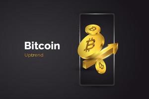 gyllene bitcoin kommer ut från smartphone isolerad på svart bakgrund. bitcoin krypto på mobilen vektor