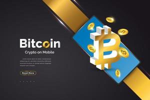 goldene bitcoin kommen aus dem smartphone isoliert auf schwarzem hintergrund. Bitcoin-Krypto auf dem Handy vektor