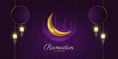 ramadan kareem bakgrundsdesign med gyllene halvmåne, lyktor och moskésilhuett. islamisk hälsning banner vektor