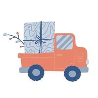 süßes kindliches lkw-auto mit geschenkbox. weihnachten freihand isoliertes element. flache vektorillustration. nur 5 Farben - einfach umzufärben. vektor