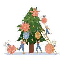 gruppe kleiner leute, die weihnachtsbaum schmücken. weihnachtsgrußkartenillustration. vektorflaches design von niedlichen kleinen charakteren bereiten sich auf winterferien vor. flache vektorillustration. vektor