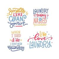 wäscheservice-etiketten-set, chemische reinigung waschküche vintage handgezeichnete abzeichen mit niedlichen beschriftungstexten. Farbe handgezeichnete Vektorillustration vektor