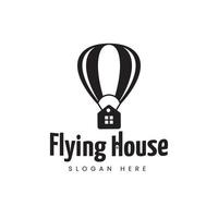 logo design illustration heißluftballon nach hause fliegen, fliegendes haus, designvorlage vektor