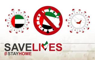 coronavirus cell med Förenade Arabemiratens flagga och karta. stoppa covid-19-skylt, slogan rädda liv stanna hemma med uae flagga vektor