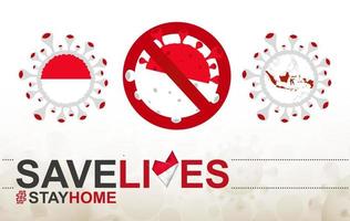 coronavirus-zelle mit indonesischer flagge und karte. Stop-Covid-19-Schild, Slogan Save Lives Stay Home mit Flagge Indonesiens vektor