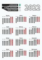 vektor mallkalender 2022 med nummer i cirklar, enkel kazakisk kalender för år 2022.