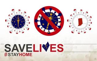 Coronavirus-Zelle mit US-Flagge und Karte des Bundesstaates Indiana. Stop-Covid-19-Schild, Slogan Save Lives Stay Home mit Flagge von Indiana vektor