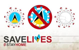 coronavirus-zelle mit st. lucia-flagge und karte. Stop-Covid-19-Schild, Slogan Save Lives Stay Home mit Flagge von St. Lucia vektor