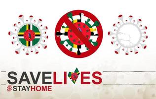 coronavirus-zelle mit dominica-flagge und karte. Stop-Covid-19-Schild, Slogan Save Lives Stay Home mit Flagge von Dominica vektor