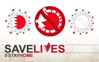 Coronavirus-Zelle mit Bahrain-Flagge und Karte. Stop-Covid-19-Schild, Slogan Save Lives Stay Home mit Flagge von Bahrain vektor